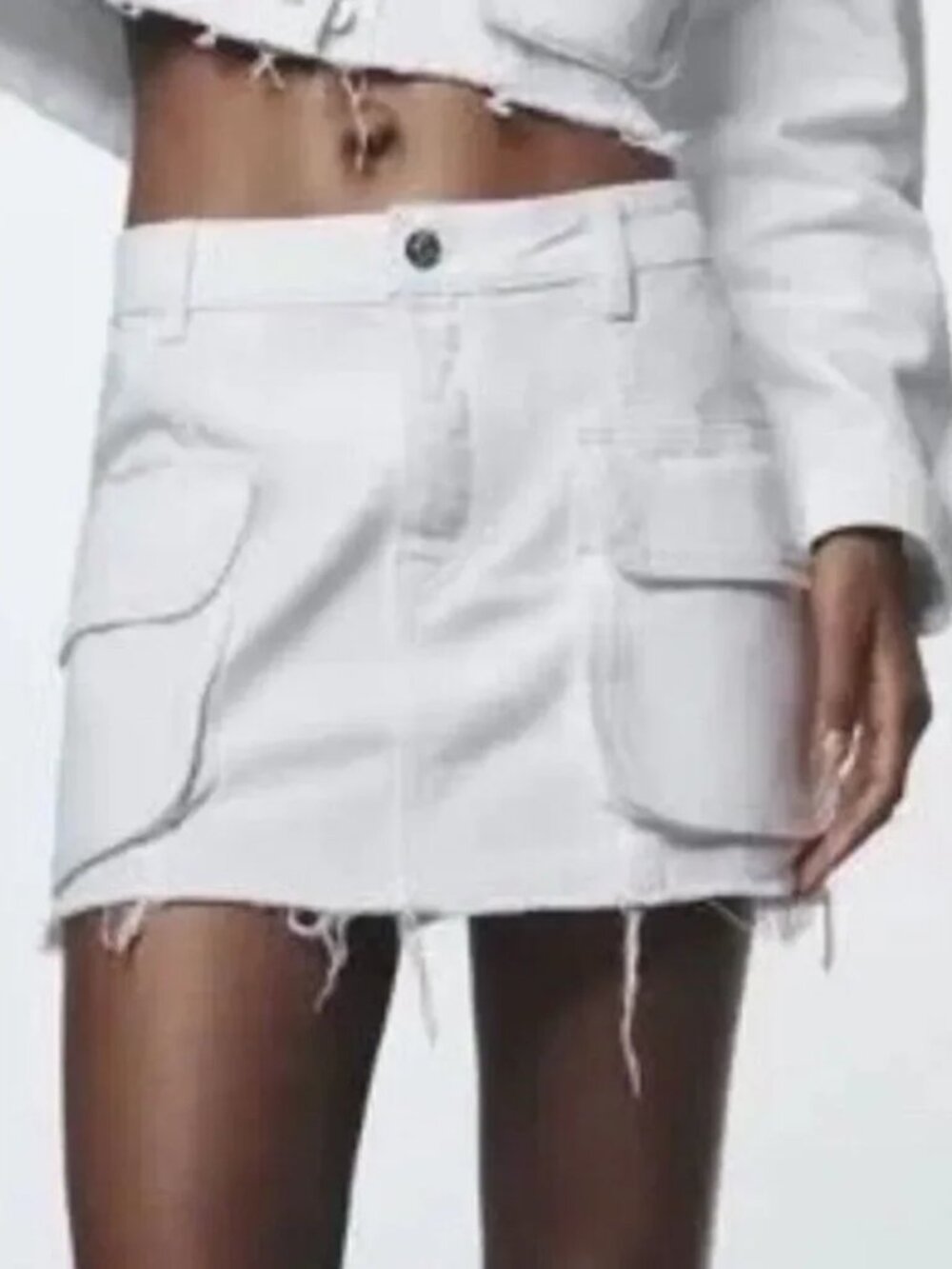 Zara Z1975 Frayed Denim Cargo White Mini Skirt